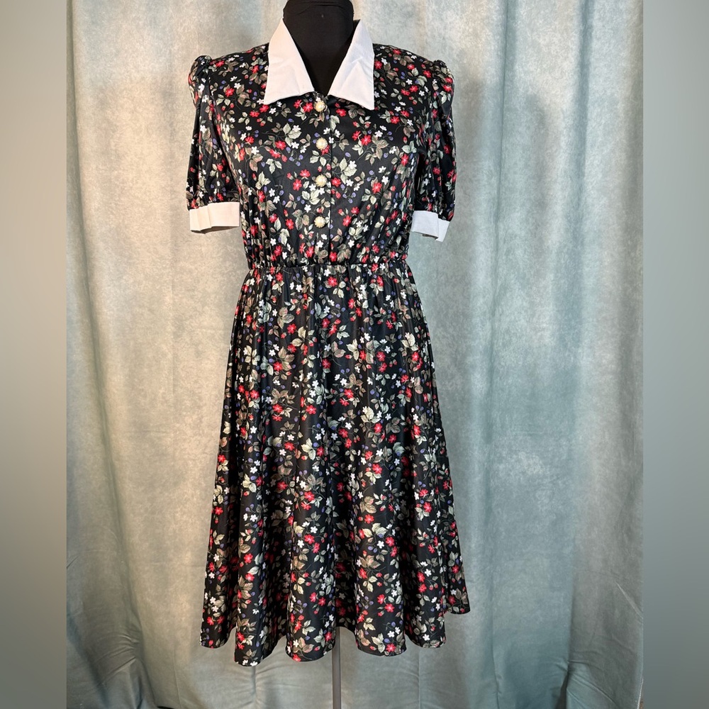 Whirlaway Frocks Black Floral Midi Dress with White Collar
